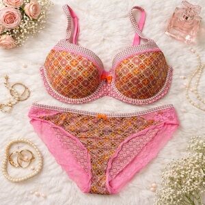 Victoria's Secret Pink and Orange Patterned Bra Set